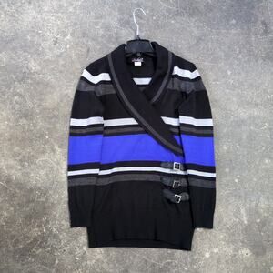 Vintage Say What Sweater Womens XL Black Stripe Shawl Buckle Y2K Questions